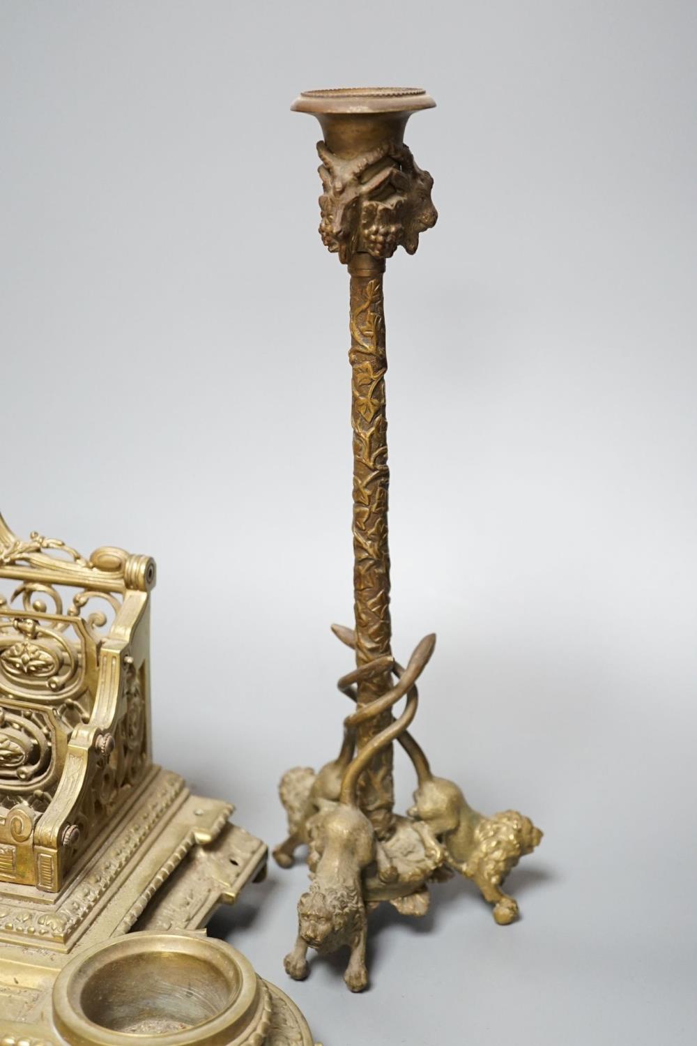 A 19th century bronze desk stand and a similar ‘rams head’ and ‘lion’ candlestick, height 33cm - Image 4 of 5