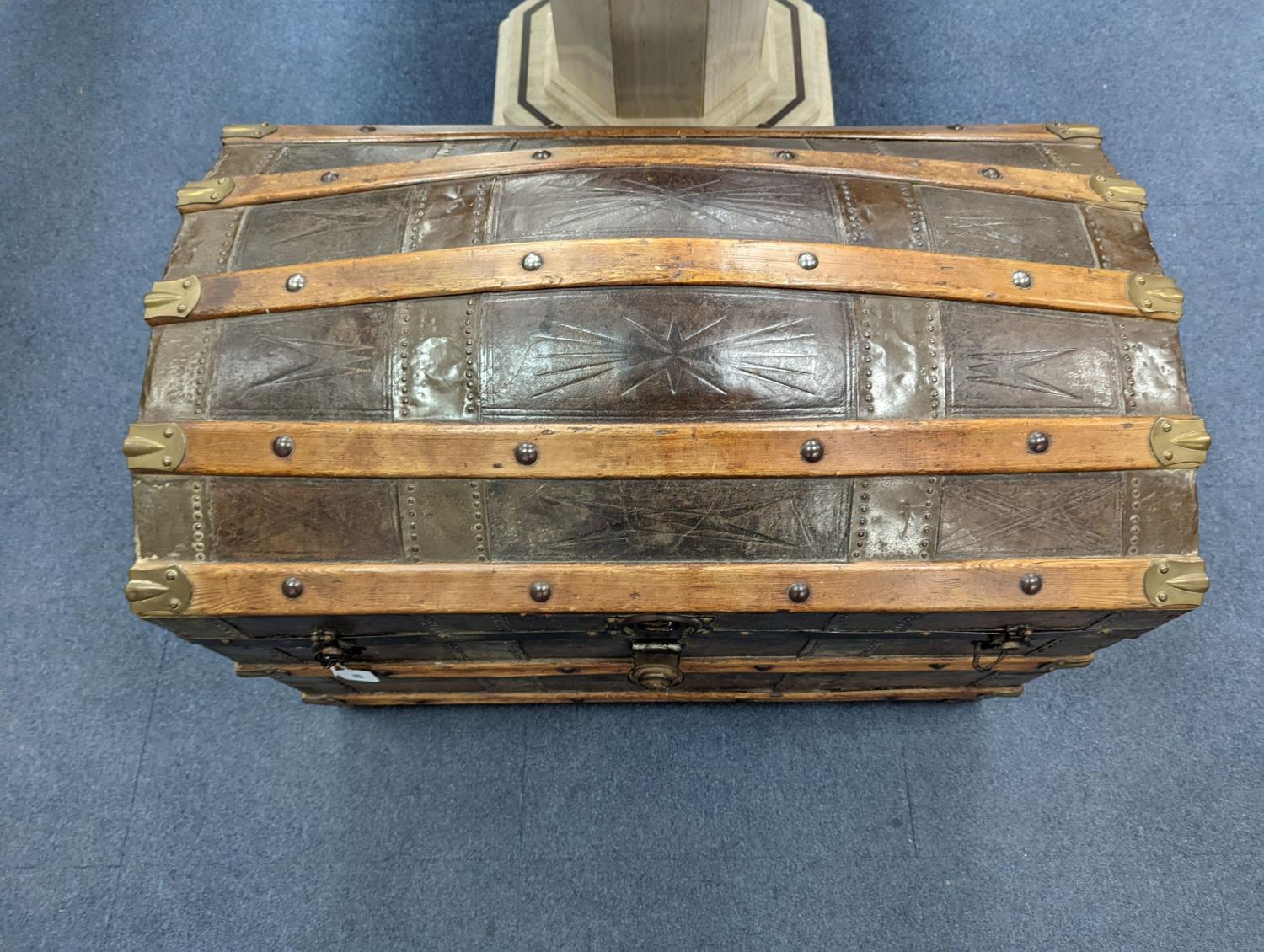 A Victorian leather bound dome top trunk, length 88cm, depth 50cm, height 60cm - Image 2 of 4