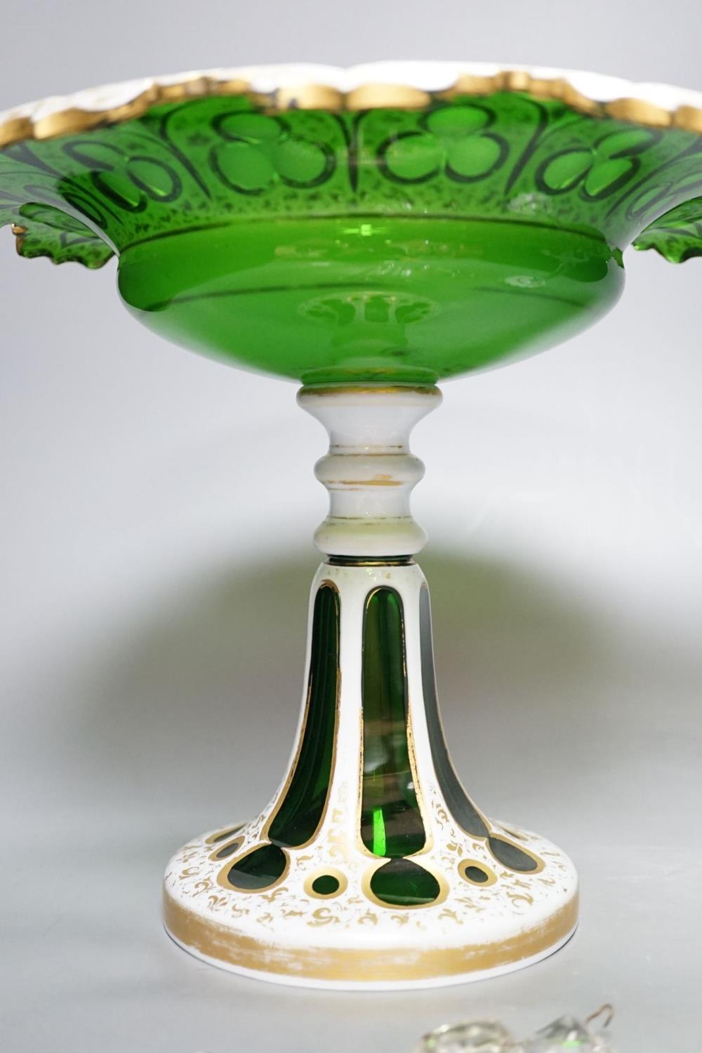 A 19th century overlaid green glass comport, 24cm high, and a similar table lustre - Image 5 of 8