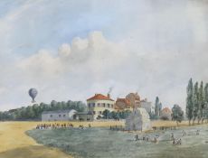 E.H Dixon, watercolour, 'Ballooning, Kentish Town', signed and dated 1831, label verso , 26 x 32cm
