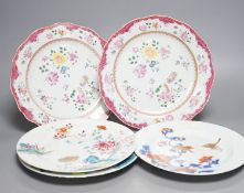 Two pairs of 18th century Chinese famille rose plates and an Imari plate, 26cm