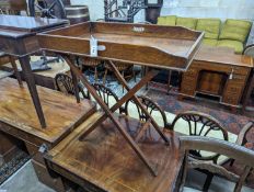 A Victorian rectangular oak butler's tray on folding stand, width 75cm, depth 44cm, height 80cm