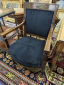 An Empire style gilt metal mounted beech elbow chair together with a late Victorian inlaid corner
