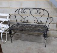 A metal folding garden bench, length 135cm, depth 46cm, height 96cm