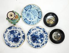 A group of 18th century delftware plates, Wedgwood majolica candlestand (a.f.) and two Victorian