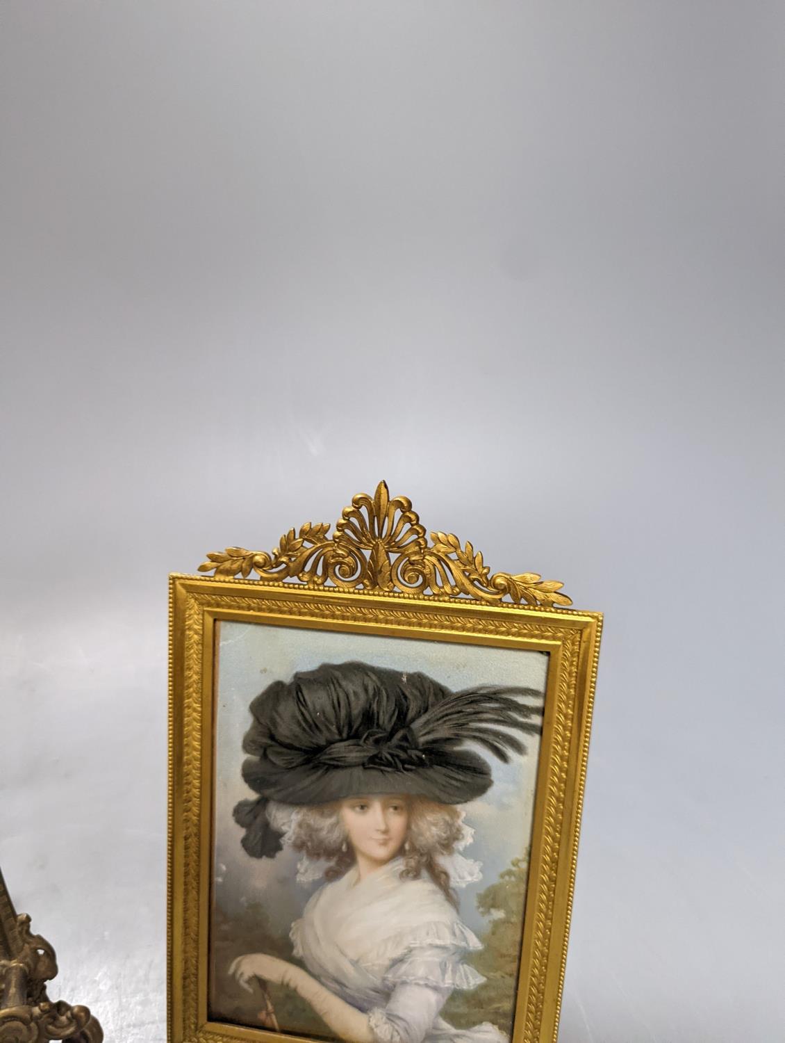 Victorian miniature print of a lady in a black feather hat, in gilt-brass frame, and a small brass - Image 4 of 5