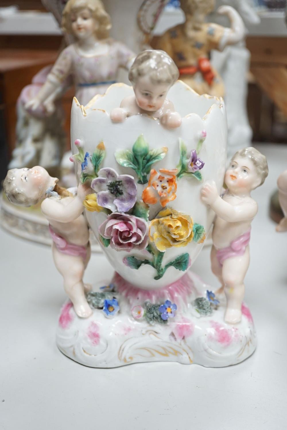 A group of Continental porcelain and pottery figural vases and centrepieces and two candelabra - Image 2 of 11