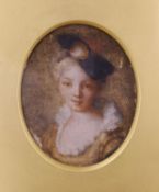 19th century English School, watercolour on ivory, Miniature of a 17th century lady, 5.5 x 4.5cm