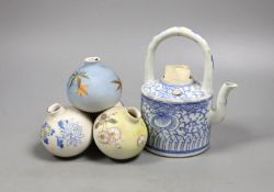 A Chinese blue and white teapot - no cover and a Japanese multiple globular posy vaseTeapot 15 cms