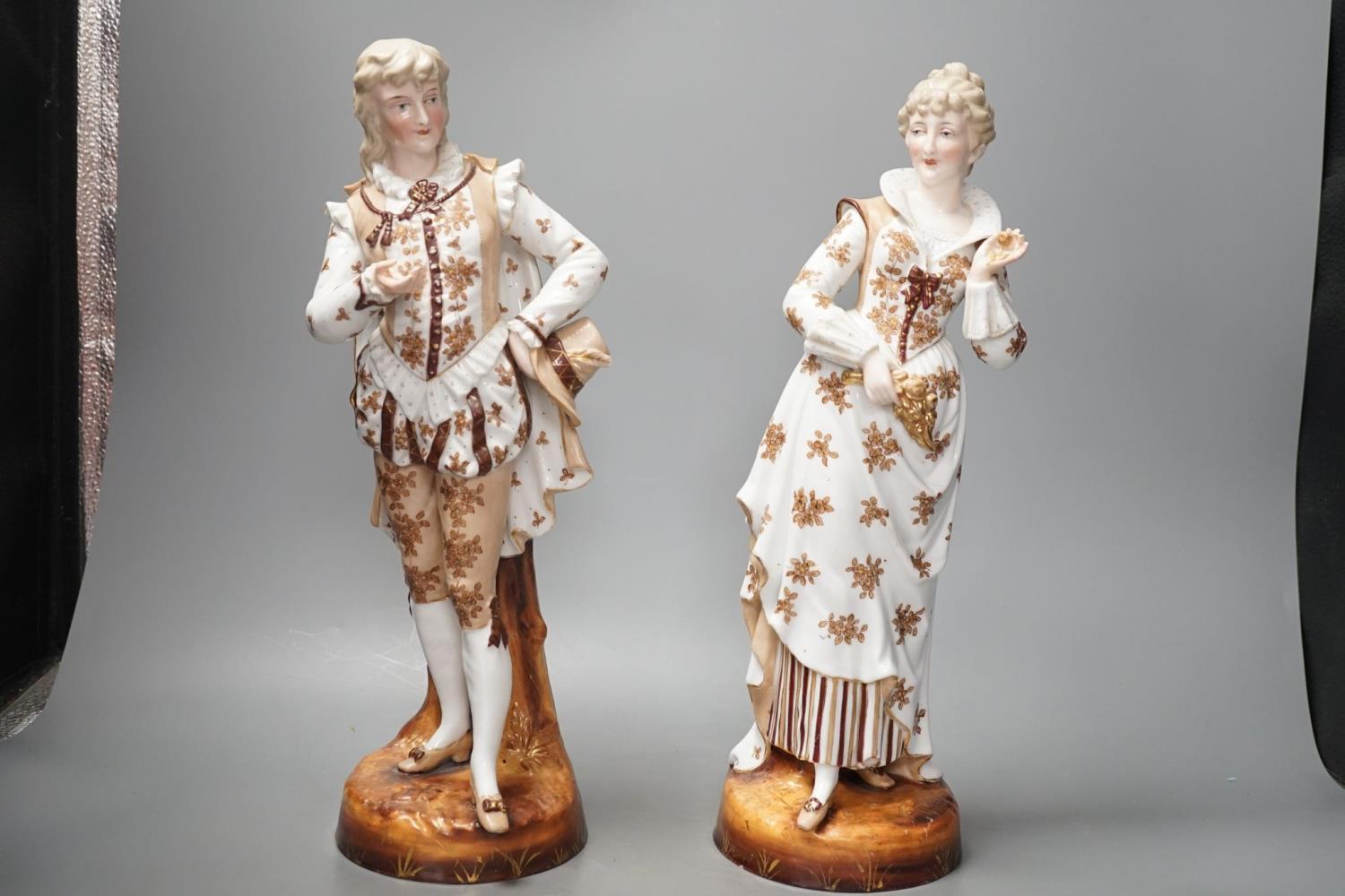 A pair of large French porcelain figures, 38cm, and a figural group en suite - Image 5 of 9