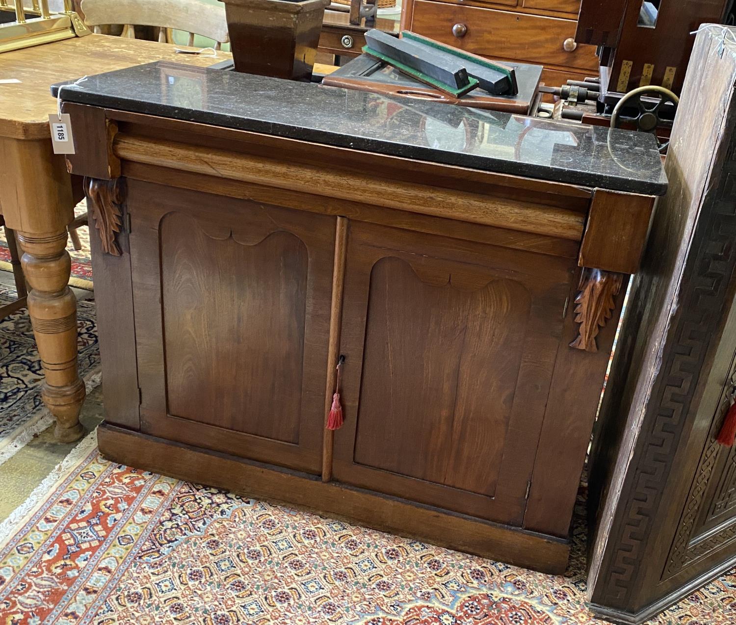 A Victorian mahogany marble topped chiffonier, width 106cm, depth 38cm, height 83cm