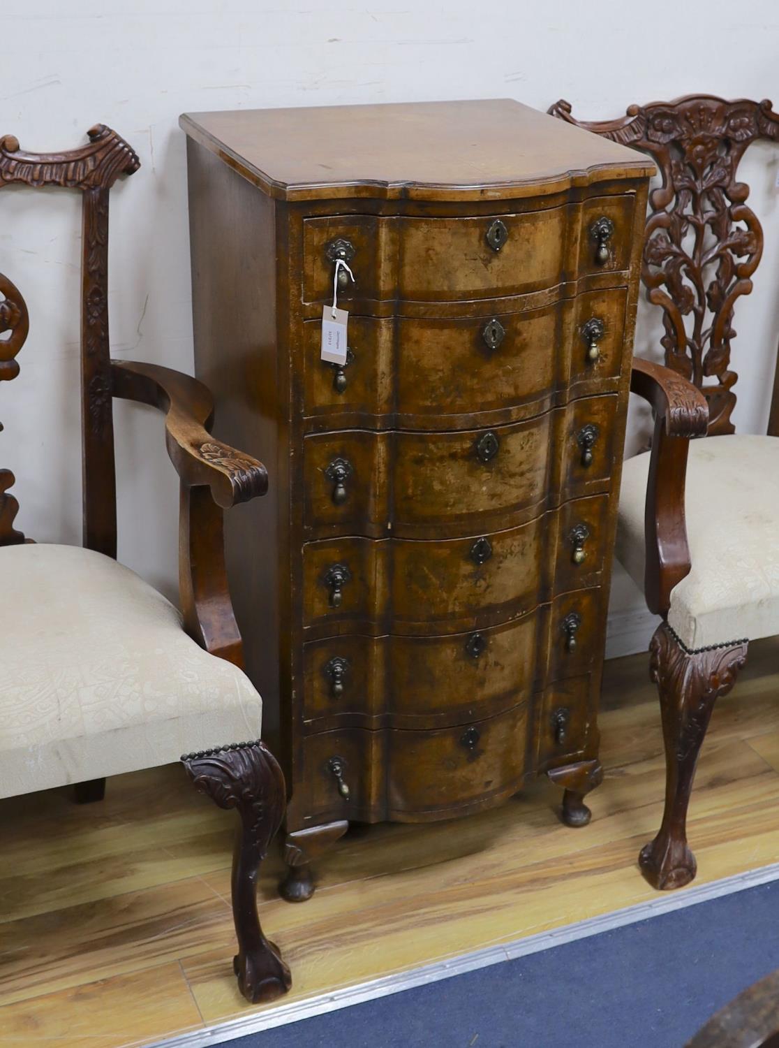 An early 20th century Queen Anne revival banded walnut six drawer tall chest, width 51cm, depth