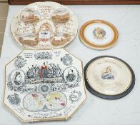A Queen Victoria Balance of Payments plate, a memoriam plaque an 1897 Diamond Jubilee plate and a
