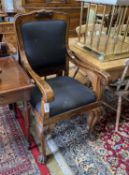 A pair of George II style burr walnut elbow chairs, width 58cm, depth 60cm, height 110cm