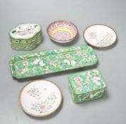 A group of Chinese Canton enamel dishes and two boxes and covers, 24cm