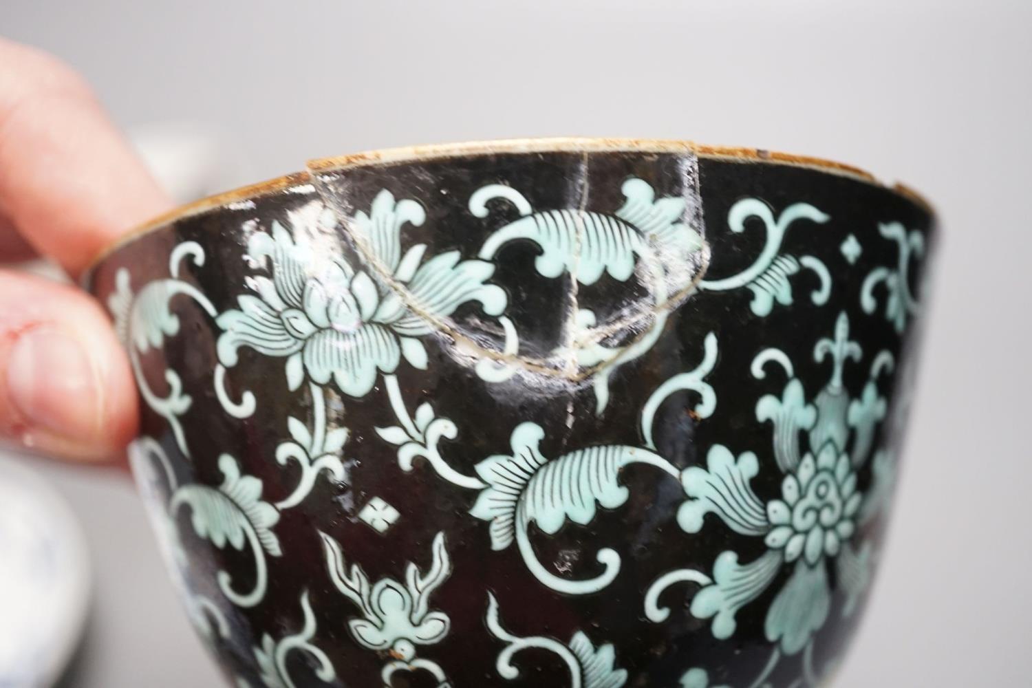 A 19th century Chinese black ground porcelain bowls and two covers, together with an three onion - Image 8 of 9