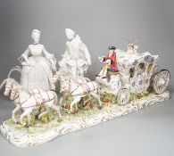 A large Italian porcelain carriage group and a pair of Italian white porcelain figure of a lady