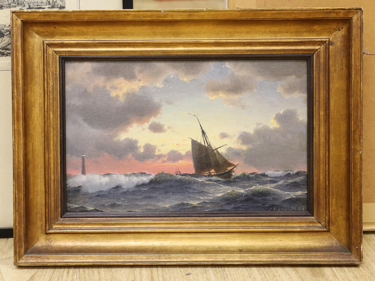 Christian Eckhardt (1832-1914), oil on canvas, Off Skagen at Sunset, signed and dated 1867, 20 x - Image 2 of 4