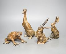 Pierre Chenet Foundry, four small patinated bronzes of a toad, two hares and a duck, largest 19cm