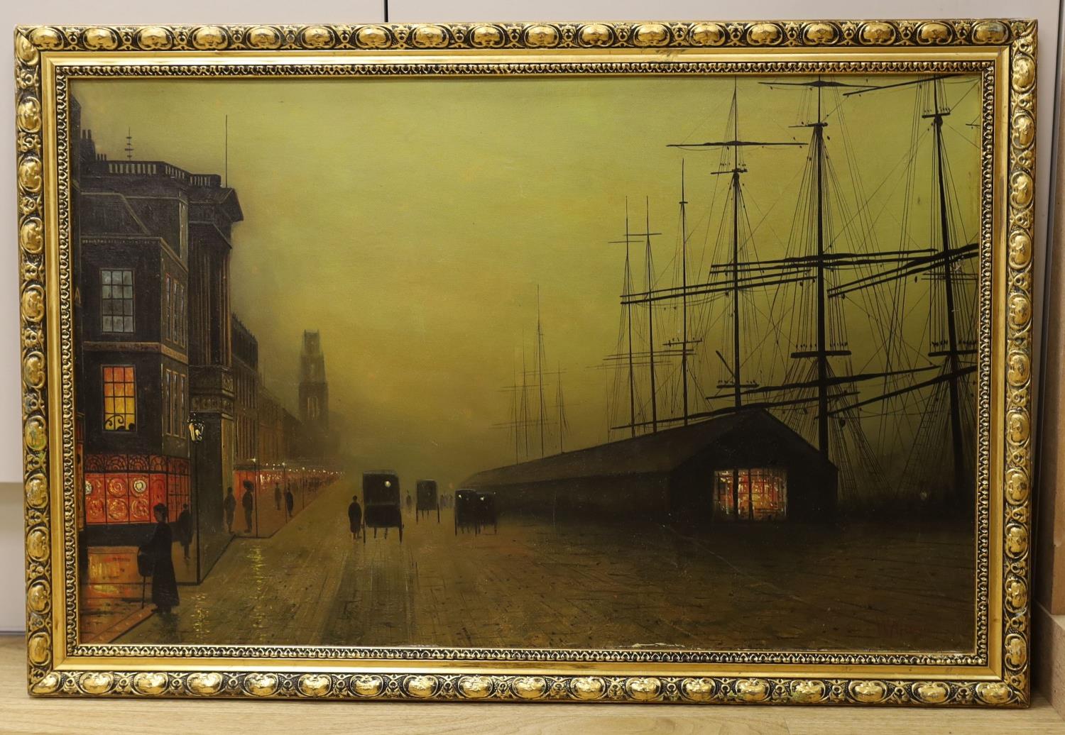 W. Meegan, oil on board, Shops and wharf by night, 43 x 67cm - Image 2 of 4
