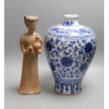 A large Chinese blue and white meiping and a Tang style pottery figure (2), vase 37 cms high.