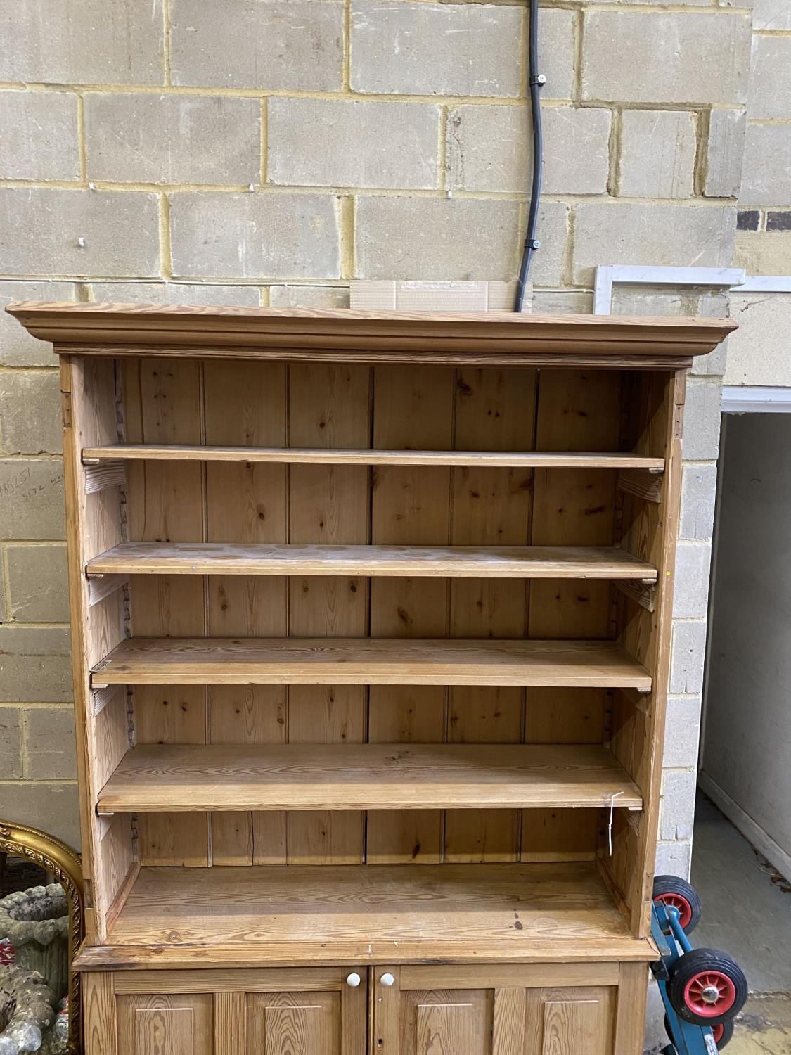 A Victorian stripped pine open fronted bookcase cupboard, length 150cm, depth 42cm, height 214cm - Image 2 of 3