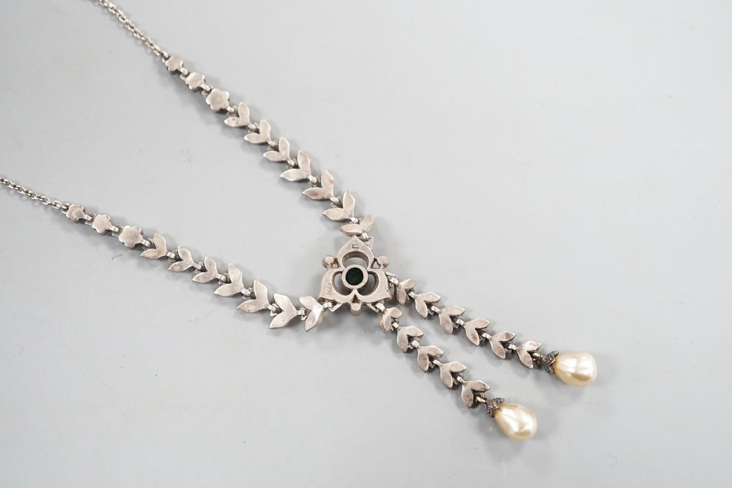 An antique white metal, two colour paste and simulated pearl set drop pendant necklace, 47cm. - Image 6 of 6