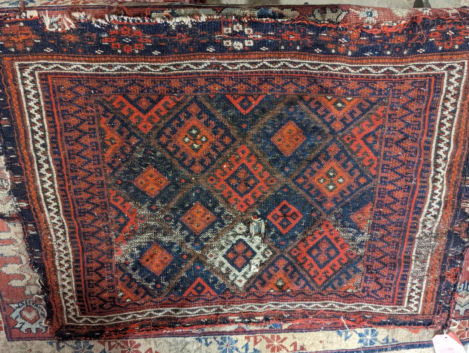 An antique Kuba rug, 118 x 84cm, a Kurdistan bag face, a Belouch bag face and two small rugs - Image 4 of 5