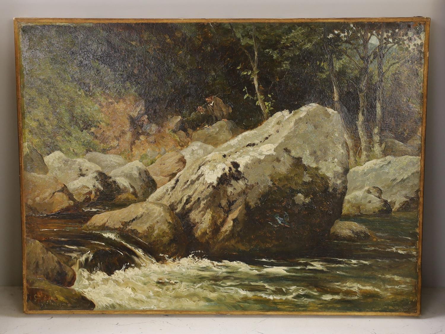 George Augustus Holmes (1822-1911), oil on paper laid on canvas, 'Across the stream', signed and - Image 2 of 2