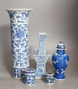 A group of 19th century Chinese blue and white vases, tallest 38.5cm, pots and a candlestick (5)