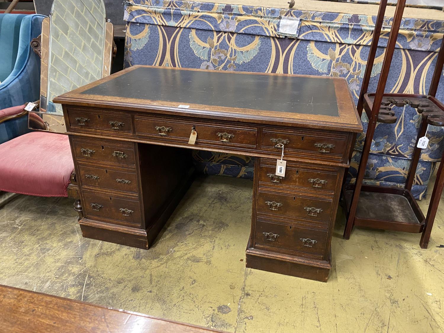 A late Victorian walnut nine drawer pedestal desk, length 122cm, depth 73cm, height 75cm - Image 3 of 3