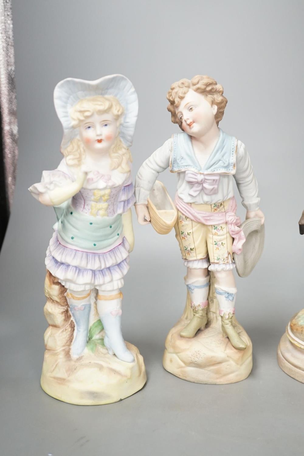 A pair of French bisque Marly horse groups and two pairs of French porcelain figures 27cm - Image 7 of 8