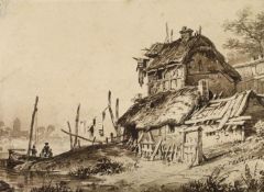 Thomas Sydney Cooper (1803-1902), sepia wash over pencil, 'On the river bank', signed and dated