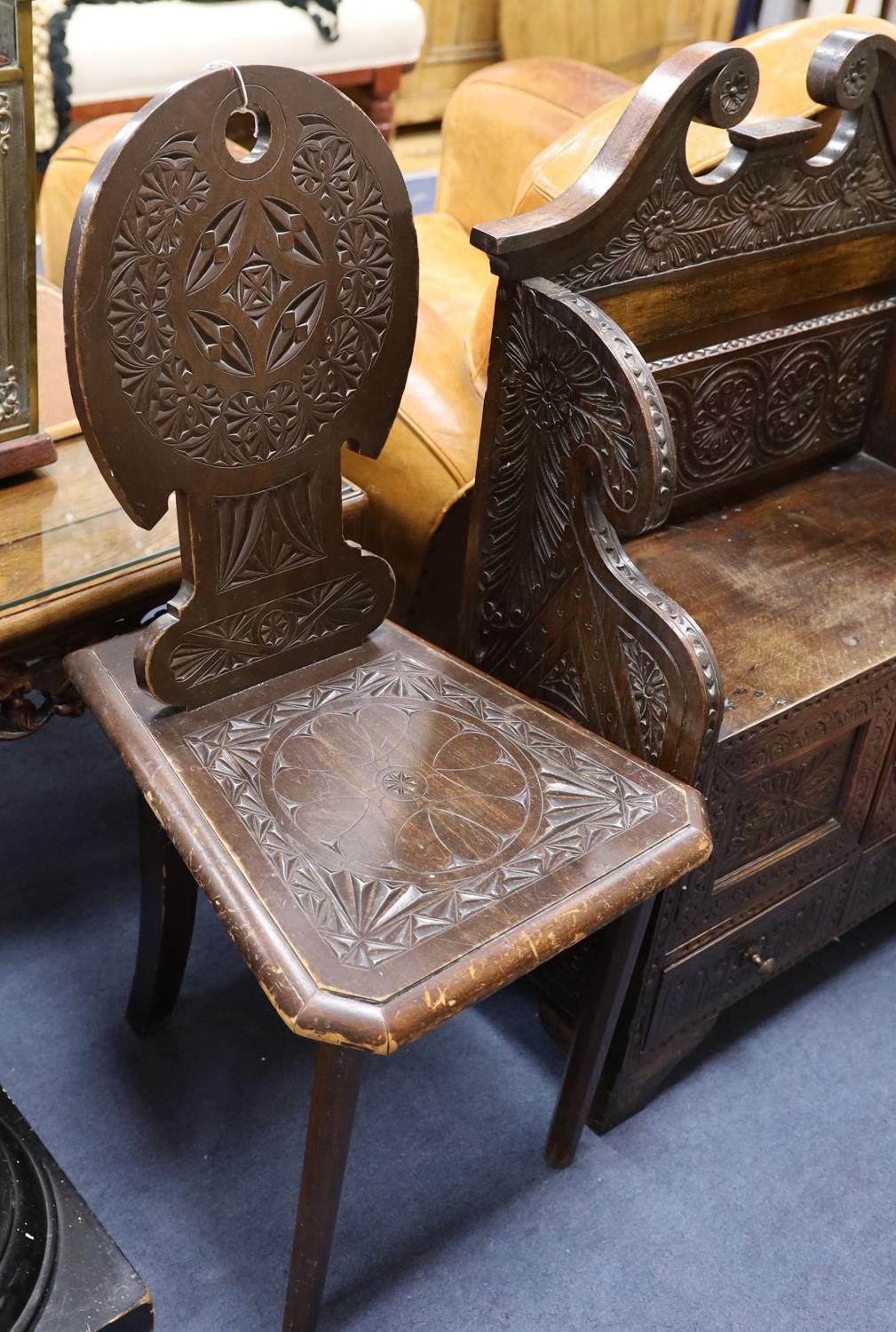 An early 20th century carved oak hall seat, width 64cm, depth 28cm, height 88cm together with two - Image 4 of 4