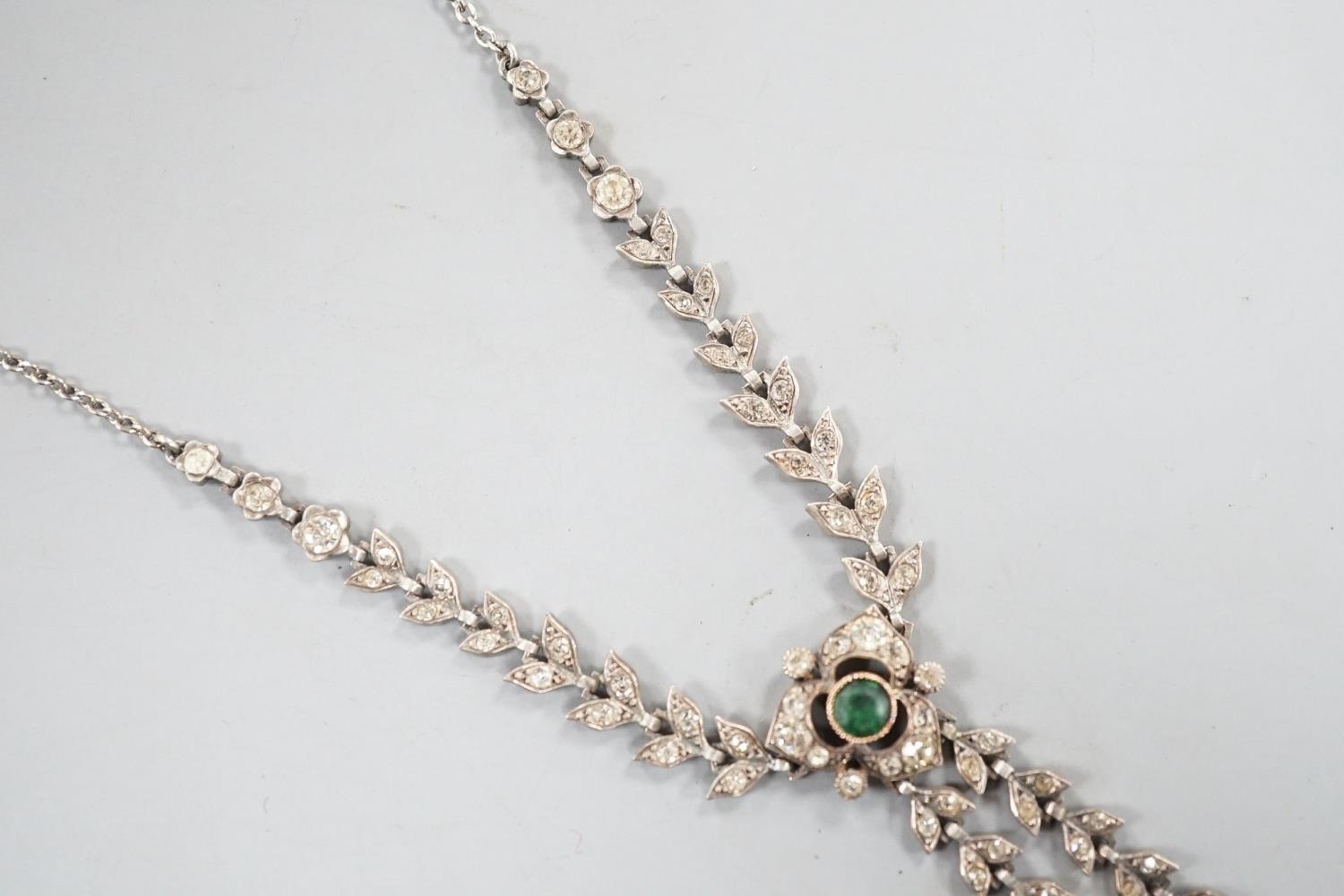 An antique white metal, two colour paste and simulated pearl set drop pendant necklace, 47cm. - Image 3 of 6