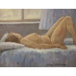 Anton Matthews (1925-2008), oil on board, Reclining nude, signed, 18 x 23cm