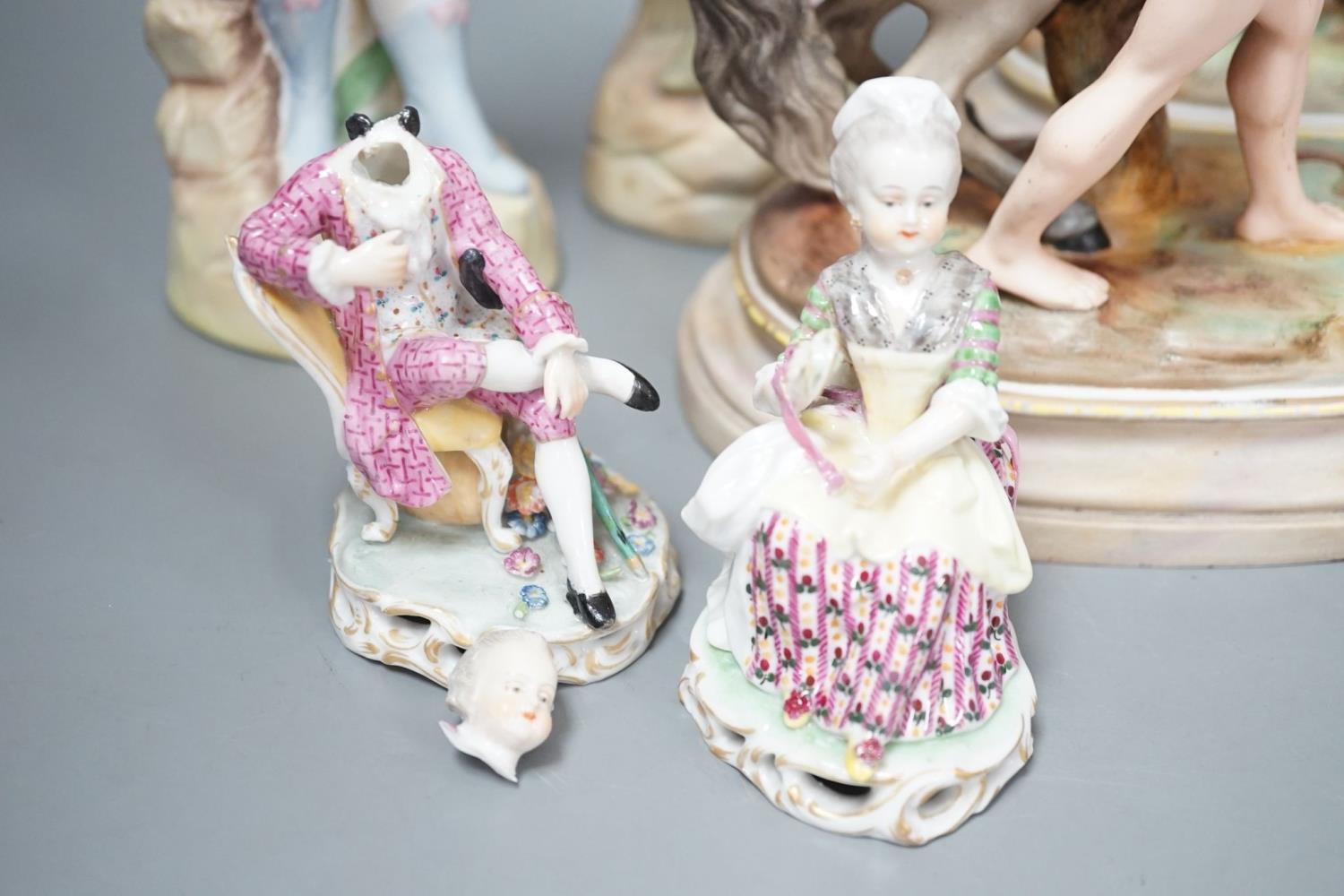 A pair of French bisque Marly horse groups and two pairs of French porcelain figures 27cm - Image 2 of 8