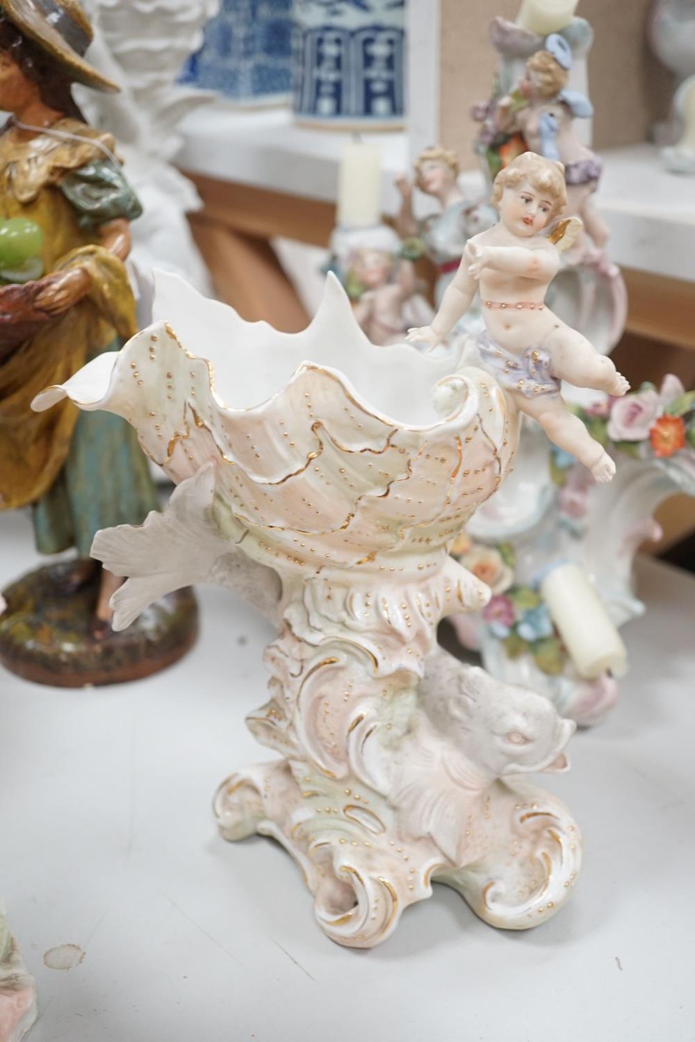 A group of Continental porcelain and pottery figural vases and centrepieces and two candelabra - Image 7 of 11