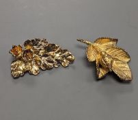 Two Flora Danica gilt white metal foliate brooches, with boxes, largest 46mm.