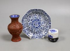 A Chinese Kangxi style octagonal dish, a Chinese cinnabar lacquer vase and a blue and white box,Dish
