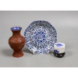 A Chinese Kangxi style octagonal dish, a Chinese cinnabar lacquer vase and a blue and white box,Dish