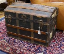 A late Victorian wood bound domed camphorwood and canvas covered trunk, length 85cm, depth 50cm,