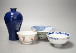 A Chinese blue glazed meiping, 20cm, and three Chinese porcelain bowls