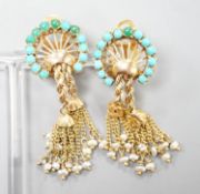 A pair of 20th century Middle Eastern yellow metal, seed pearl and turquoise set tassel drop ear