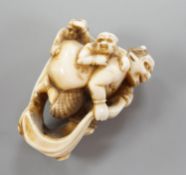 A Japanese ivory netsuke of oni, Meiji period,4 cms high.