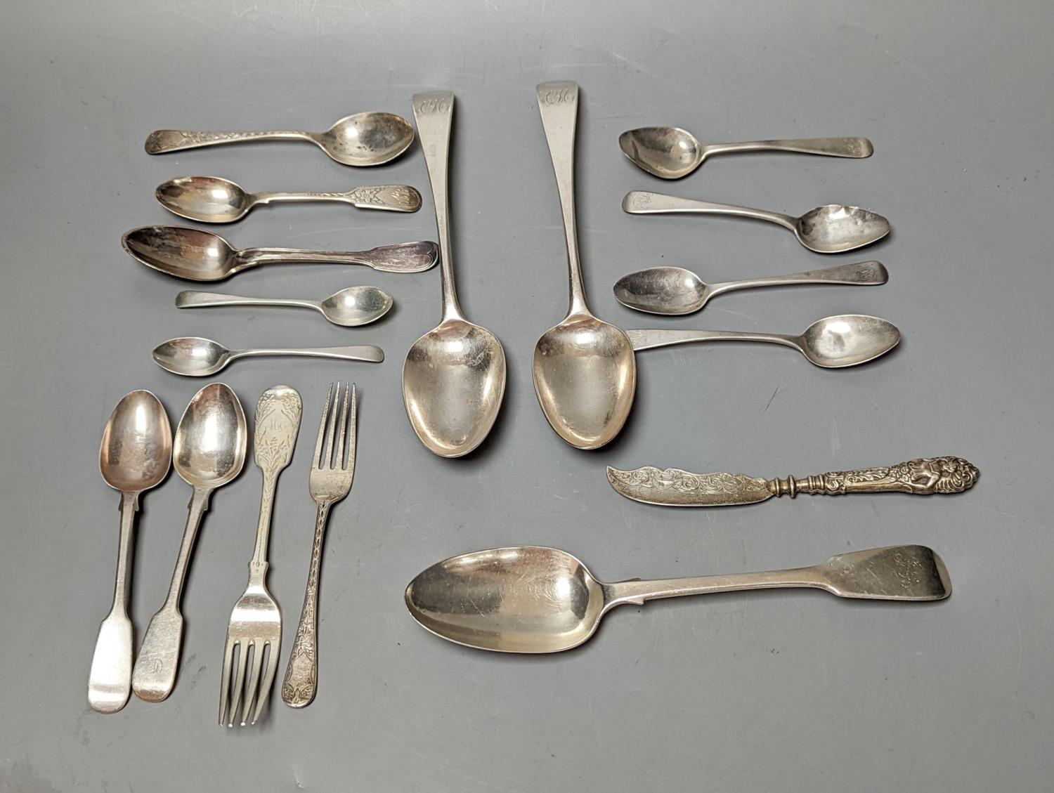 A small quantity of assorted mainly 19th century silver flatware including a pair of George III