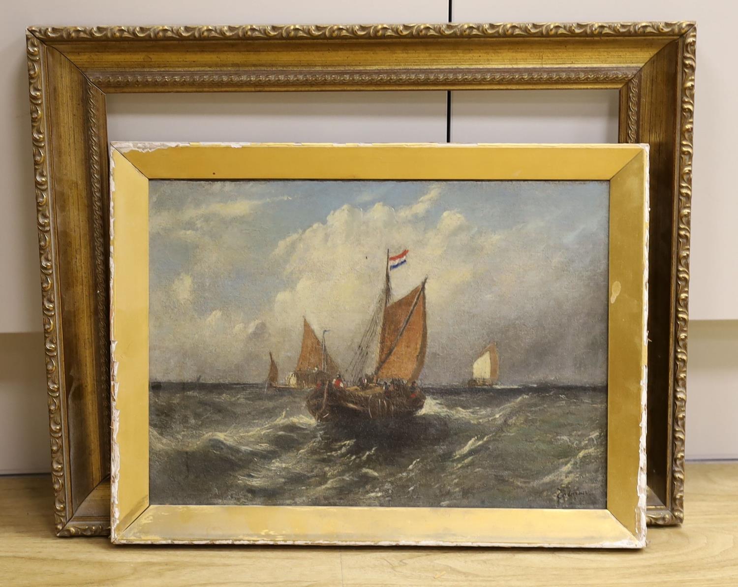 19th century English School, oil on canvas, Dutch fishing boat off the coast, indistinctly signed, - Image 2 of 2