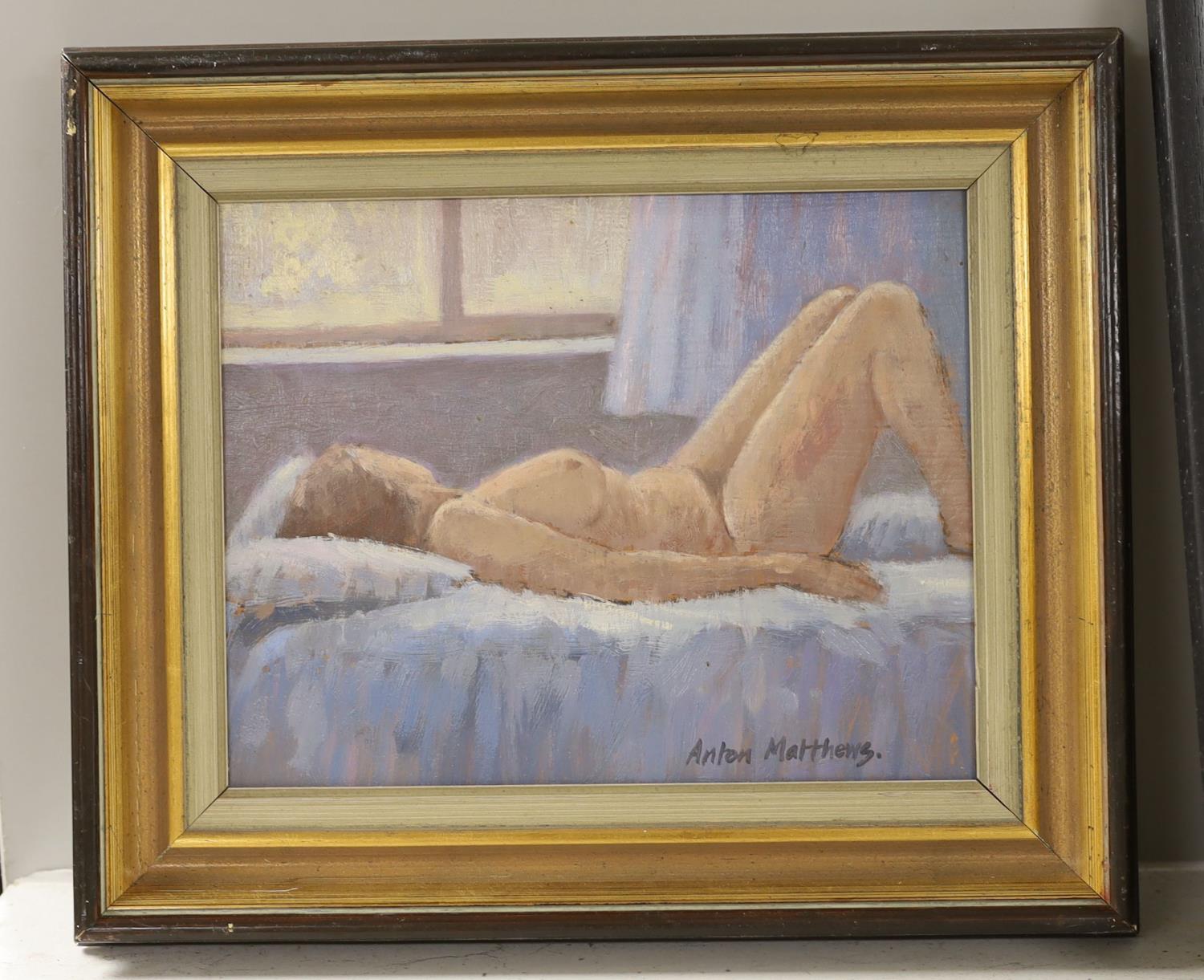 Anton Matthews (1925-2008), oil on board, Reclining nude, signed, 18 x 23cm - Image 2 of 2