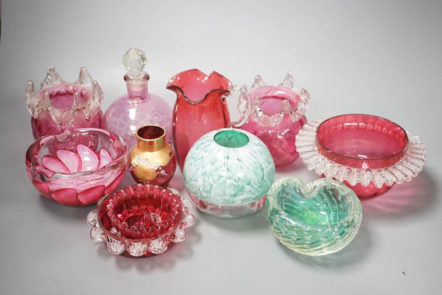 A group of small Cranberry and green glass vases, bowls etc. (12)