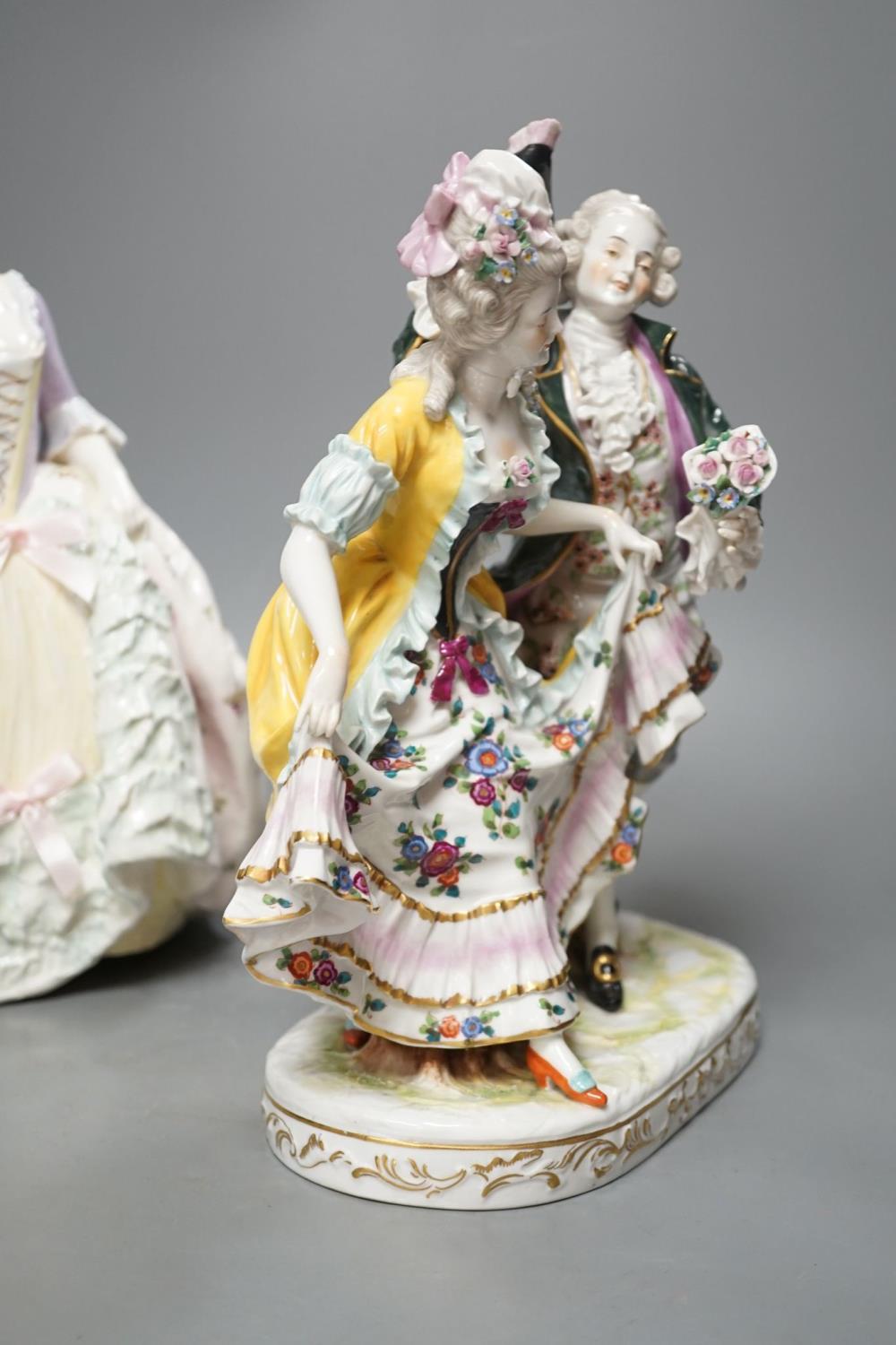 An Italian porcelain group of a dancing couple, 31cm, and an Italian maiolica figure of a lady - Image 4 of 8